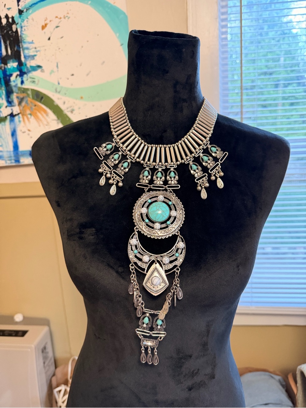 Statement Silver-Tone Necklace with fake Turquoise Accents